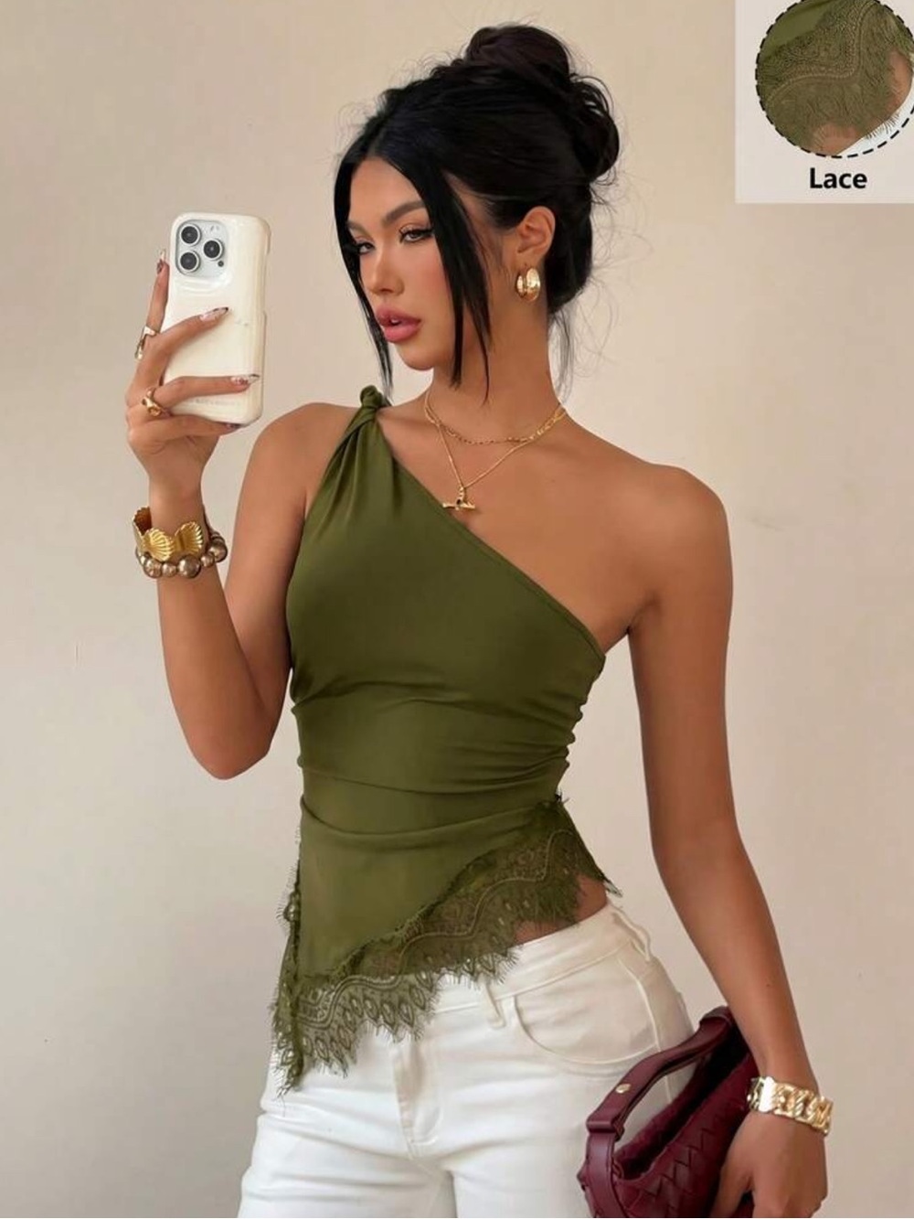 Ovelo Olive Green Lace One Shoulder Top – Women’s Asymmetrical Fitted Blouse